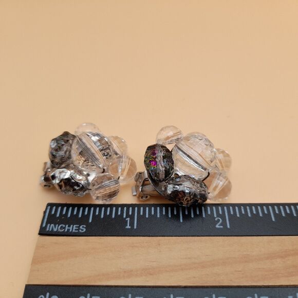 Vintage Art Lava Glass Clear Faceted Bead Earrings, Silver Tone, Clips - Picture 8 of 10
